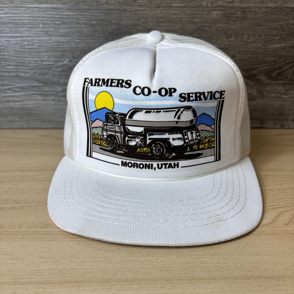 Vintage Farmers Co-Op Service Hat Cap Snap Back White Trucker Moroni Utah Truck